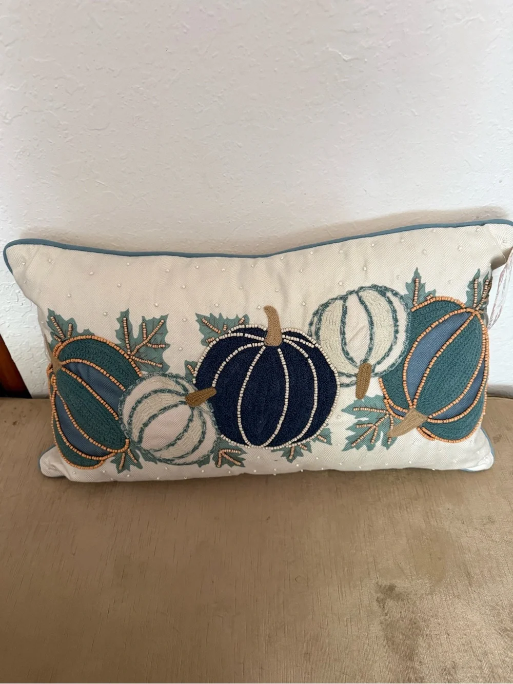 Embroidered Pumpkin Lumbar Pillow in Cream and Teal